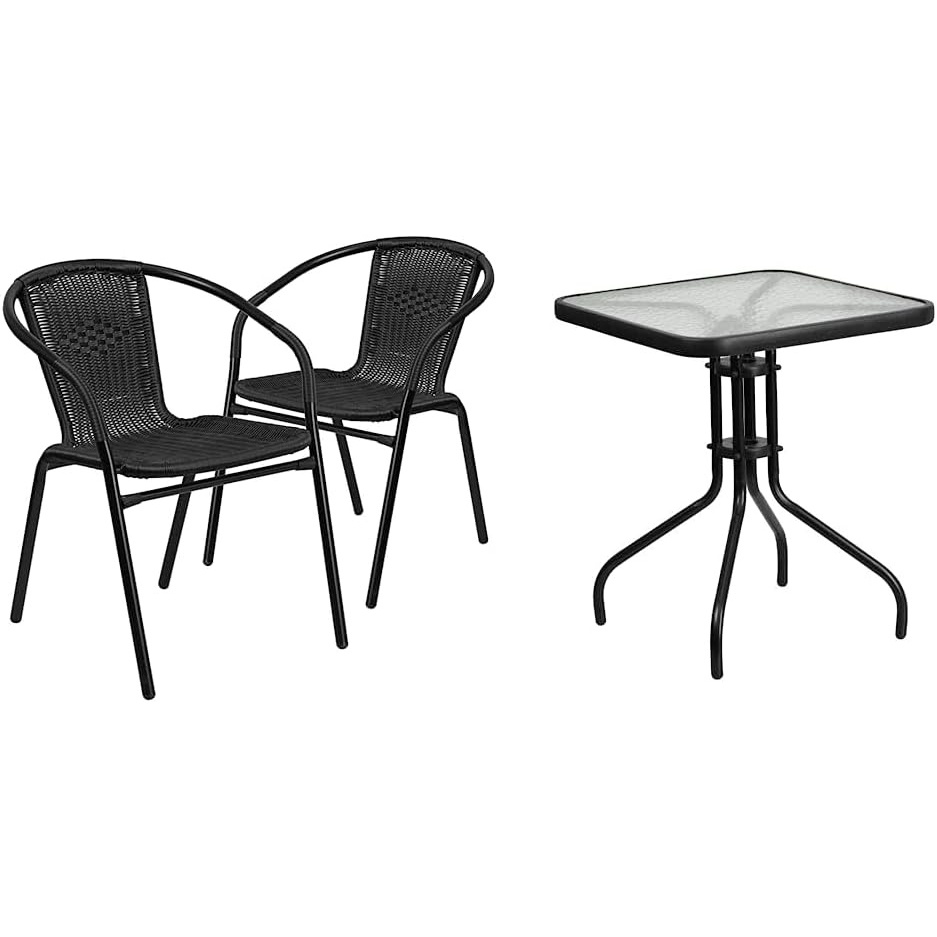image:imageFlash Furniture Modern Rattan IndoorOutdoor Restaurant Dining Chairs and Barker 235 Square Tempered Glass Metal TableBlack