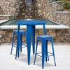 Flash Furniture Commercial Grade 30″ Round Silver Metal Indoor-Outdoor Bar Table Set with 2 Square Seat Backless Stools(Blue)