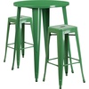 Flash Furniture Commercial Grade 30″ Round Silver Metal Indoor-Outdoor Bar Table Set with 2 Square Seat Backless Stools(Green)