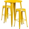 Flash Furniture Commercial Grade 30″ Round Silver Metal Indoor-Outdoor Bar Table Set with 2 Square Seat Backless Stools(Yellow)