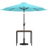 Flash Furniture 3 Piece Outdoor Patio Table Set – Natural Faux Teak Dining Table – 35″ Square Synthetic Teak Patio Table with Umbrella Hole – Tan Umbrella with Base(Teal)