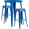 Flash Furniture Commercial Grade 30″ Round Silver Metal Indoor-Outdoor Bar Table Set with 2 Square Seat Backless Stools(Blue)