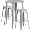 Flash Furniture Commercial Grade 30″ Round Silver Metal Indoor-Outdoor Bar Table Set with 2 Square Seat Backless Stools(Silver)