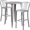 Flash Furniture Commercial Grade 30″ Round White Metal Indoor-Outdoor Bar Table Set with 2 Vertical Slat Back Stools(Silver)