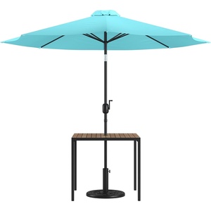 Flash Furniture 3 Piece Outdoor Patio Table Set – Natural Faux Teak Dining Table – 35″ Square Synthetic Teak Patio Table with Umbrella Hole – Tan Umbrella with Base(Teal)