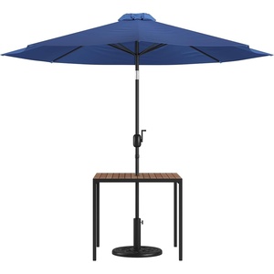 Flash Furniture 3 Piece Outdoor Patio Table Set – Natural Faux Teak Dining Table – 35″ Square Synthetic Teak Patio Table with Umbrella Hole – Tan Umbrella with Base(Navy)