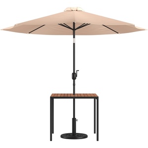 Flash Furniture 3 Piece Outdoor Patio Table Set – Natural Faux Teak Dining Table – 35″ Square Synthetic Teak Patio Table with Umbrella Hole – Tan Umbrella with Base(Tan)
