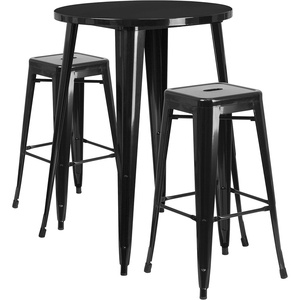 Flash Furniture Commercial Grade 30″ Round Silver Metal Indoor-Outdoor Bar Table Set with 2 Square Seat Backless Stools(Black)