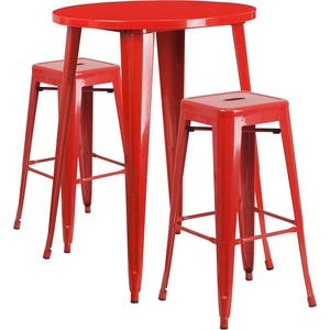 Flash Furniture Commercial Grade 30″ Round Silver Metal Indoor-Outdoor Bar Table Set with 2 Square Seat Backless Stools(Red)