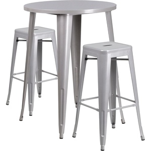 Flash Furniture Commercial Grade 30″ Round Silver Metal Indoor-Outdoor Bar Table Set with 2 Square Seat Backless Stools(Silver)