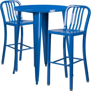 Flash Furniture Commercial Grade 30″ Round White Metal Indoor-Outdoor Bar Table Set with 2 Vertical Slat Back Stools(Blue)