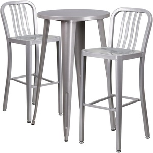 Flash Furniture Earl Commercial Grade 24″ Round Silver Metal Indoor-Outdoor Bar Table Set with 2 Vertical Slat Back Stools(Silver)