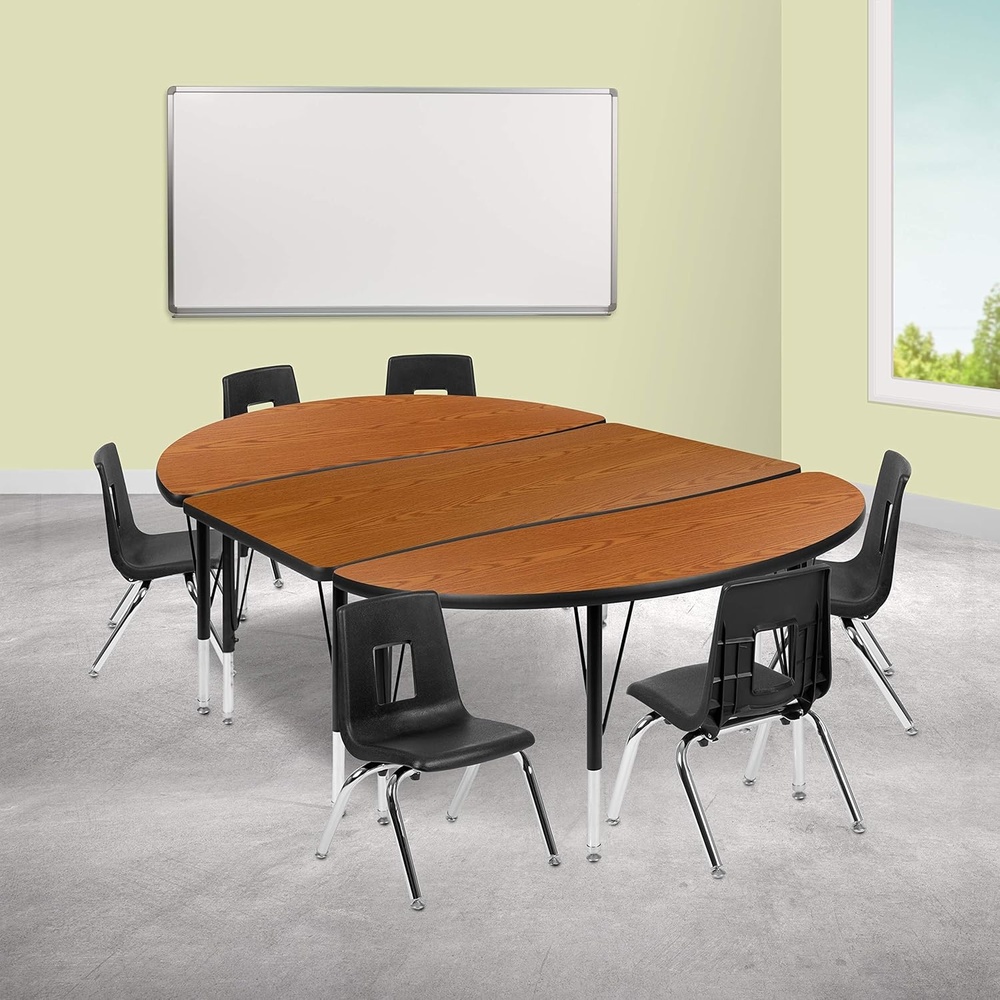 image:imageFlash Furniture 76 Oval Wave Collaborative Laminate Activity Table Set with 14 Student Stack Chairs GreyBlackOak