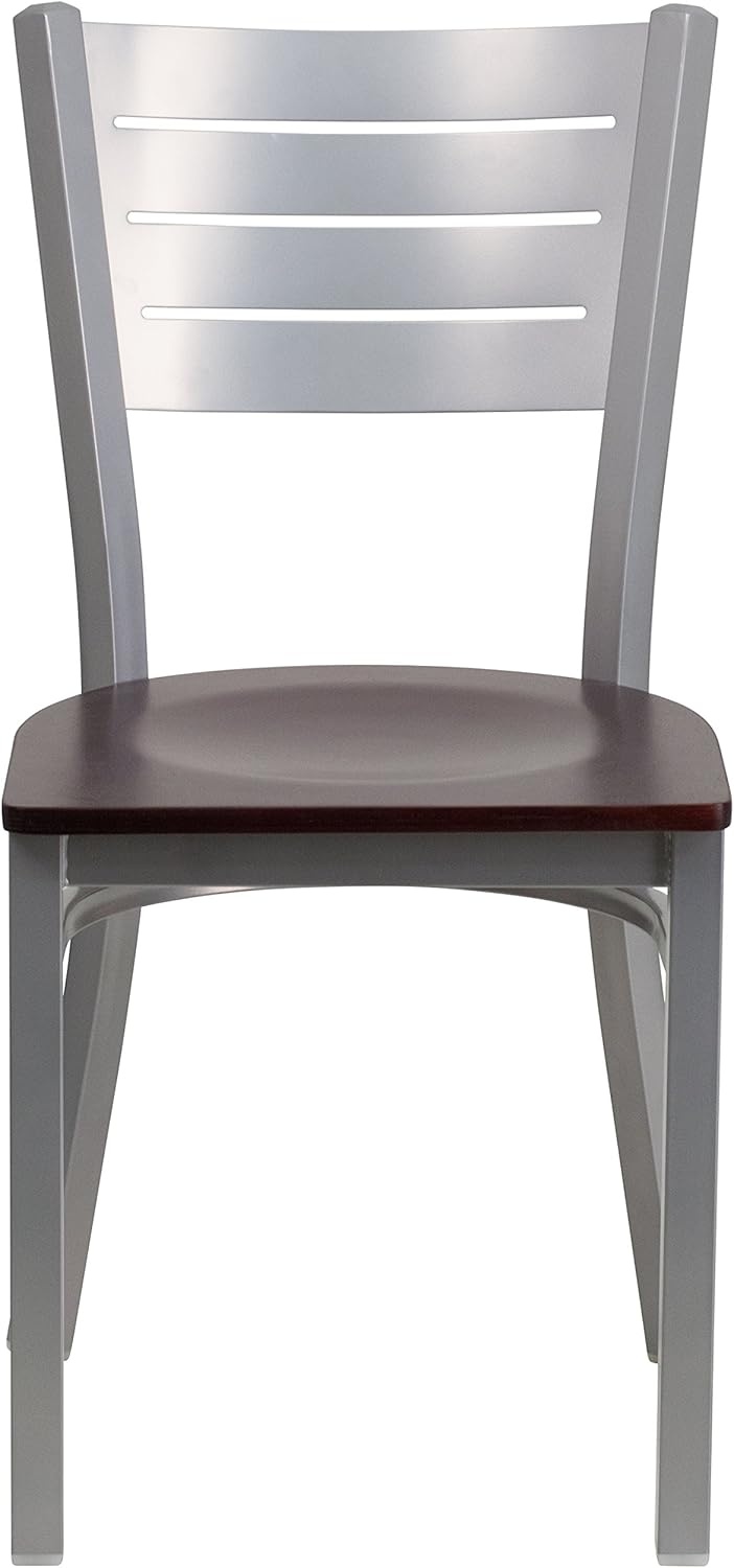 image:imageFlash Furniture 4 Pk HERCULES Series Silver Slat Back Metal Restaurant Chair Walnut Wood SeatMahogany Wood SeatSilver Frame
