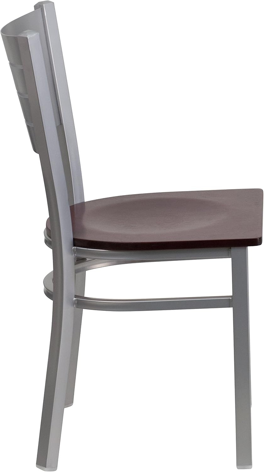 image:imageFlash Furniture 4 Pk HERCULES Series Silver Slat Back Metal Restaurant Chair Walnut Wood SeatMahogany Wood SeatSilver Frame