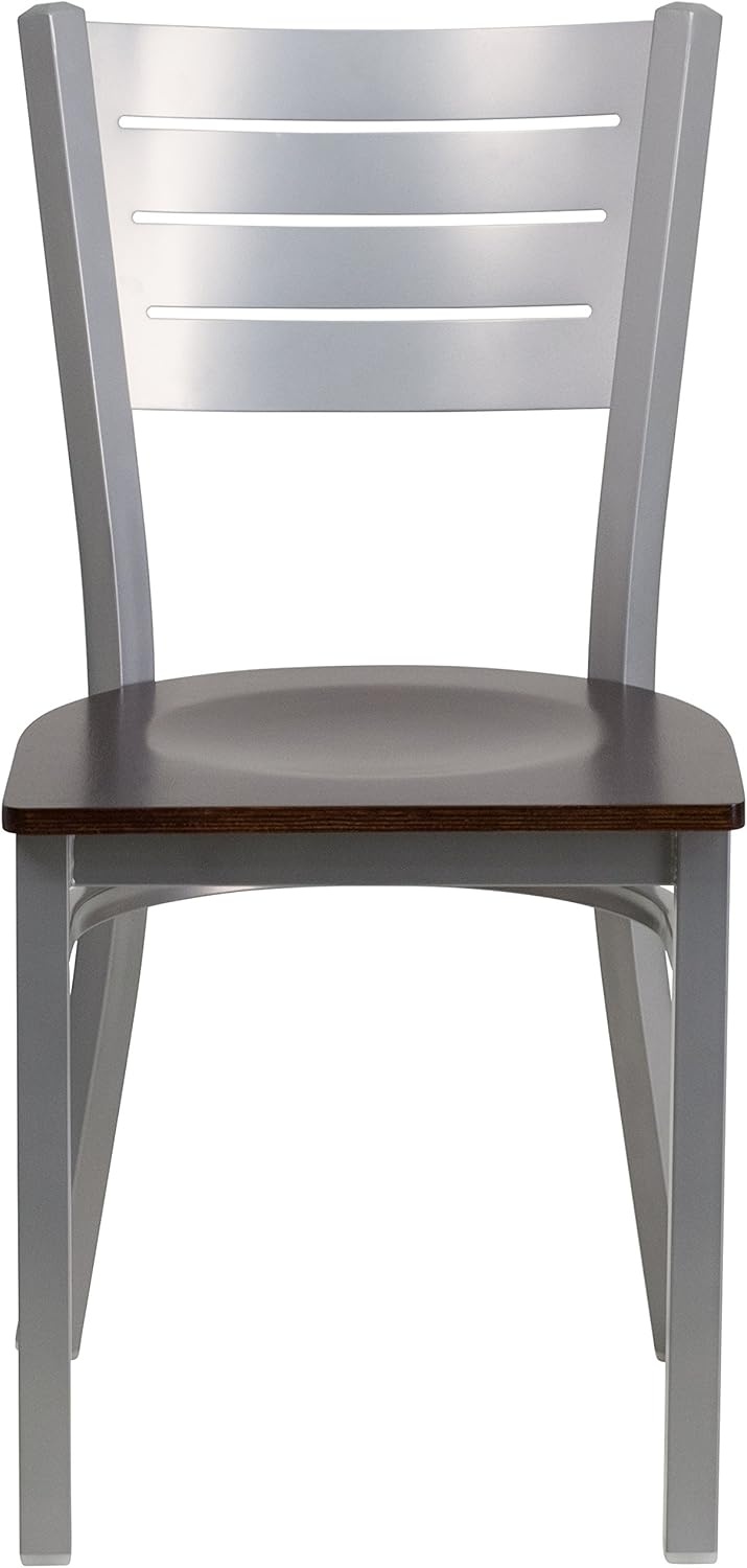 image:imageFlash Furniture 4 Pk HERCULES Series Silver Slat Back Metal Restaurant Chair Walnut Wood SeatWalnut Wood SeatSilver Frame