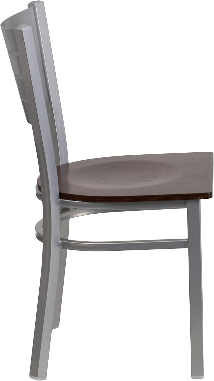 image:imageFlash Furniture 4 Pk HERCULES Series Silver Slat Back Metal Restaurant Chair Walnut Wood SeatWalnut Wood SeatSilver Frame