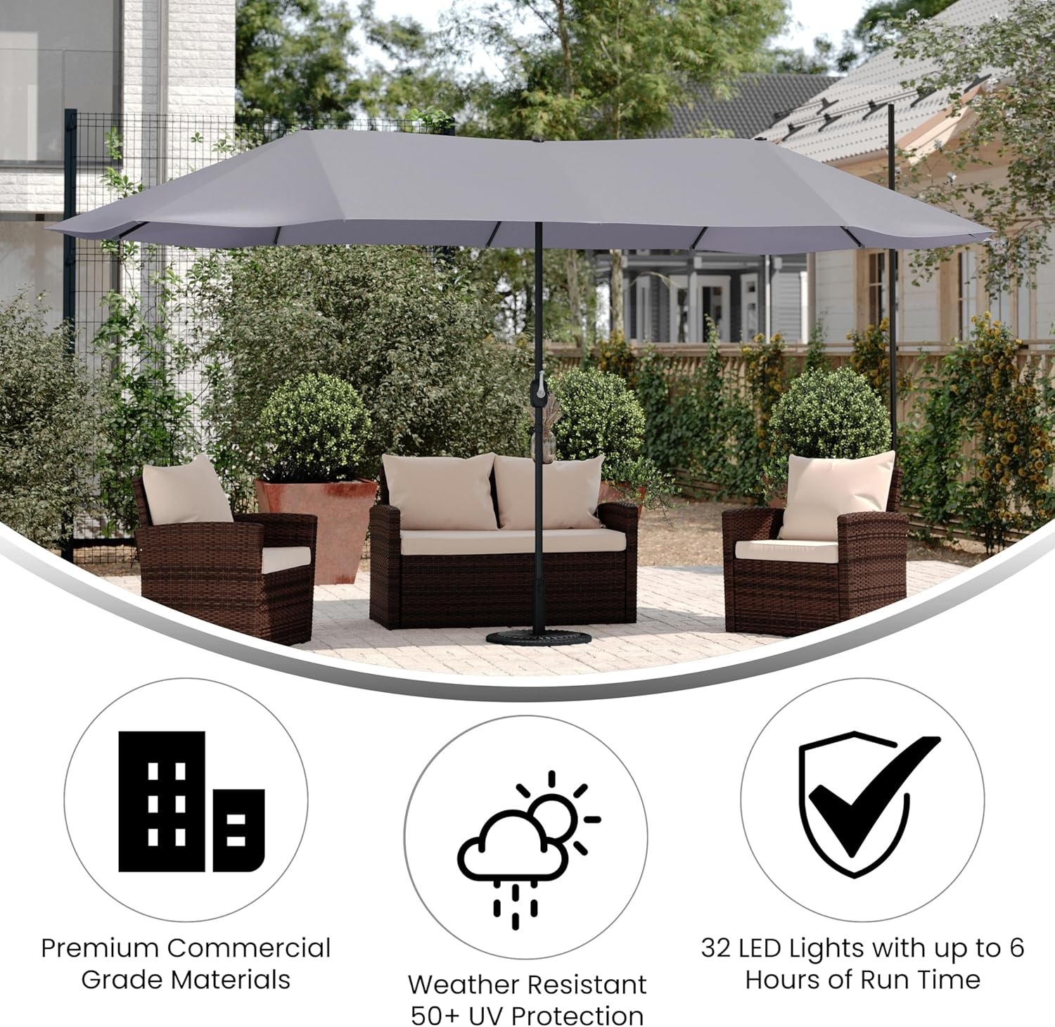 image:imageFlash Furniture Elizabeth Triple Head Patio Umbrella Commercial Grade Umbrella with Easy Lift Crank Function Water and Weather Resistant 15 FT TanGray