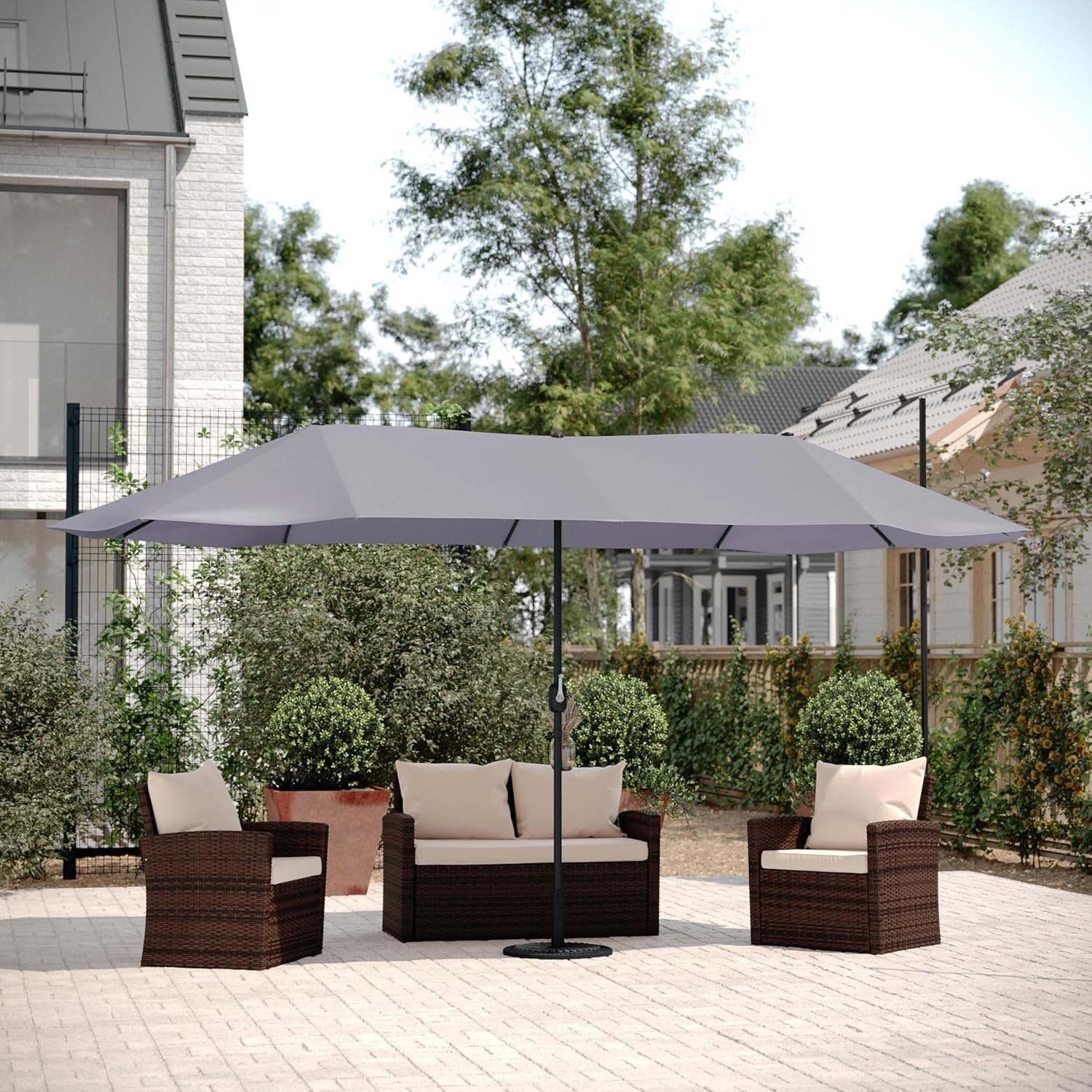 image:imageFlash Furniture Elizabeth Triple Head Patio Umbrella Commercial Grade Umbrella with Easy Lift Crank Function Water and Weather Resistant 15 FT TanGray