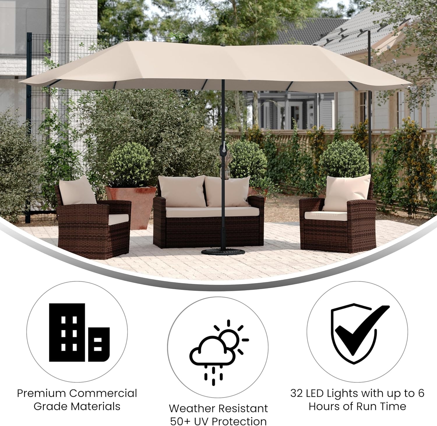 image:imageFlash Furniture Elizabeth Triple Head Patio Umbrella Commercial Grade Umbrella with Easy Lift Crank Function Water and Weather Resistant 15 FT TanTan