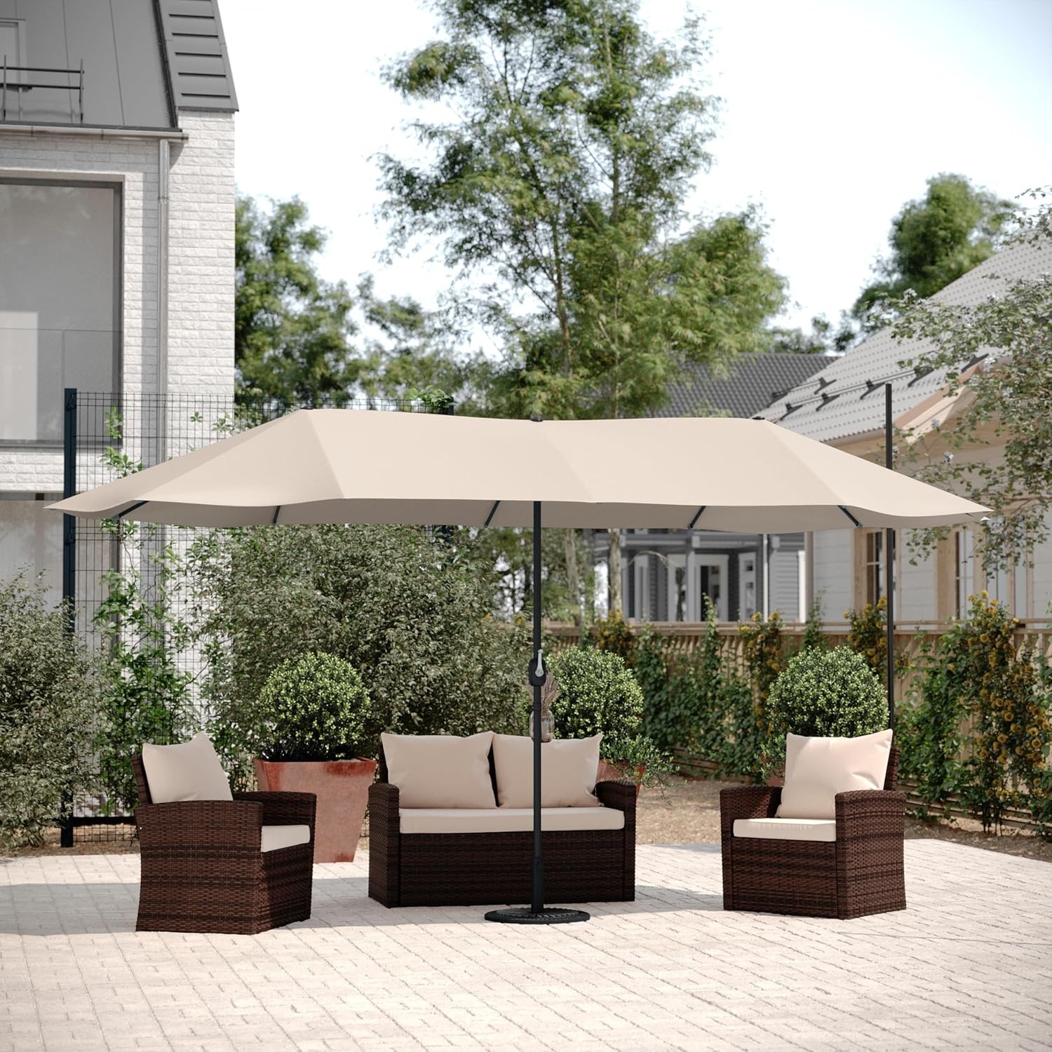 image:imageFlash Furniture Elizabeth Triple Head Patio Umbrella Commercial Grade Umbrella with Easy Lift Crank Function Water and Weather Resistant 15 FT TanTan