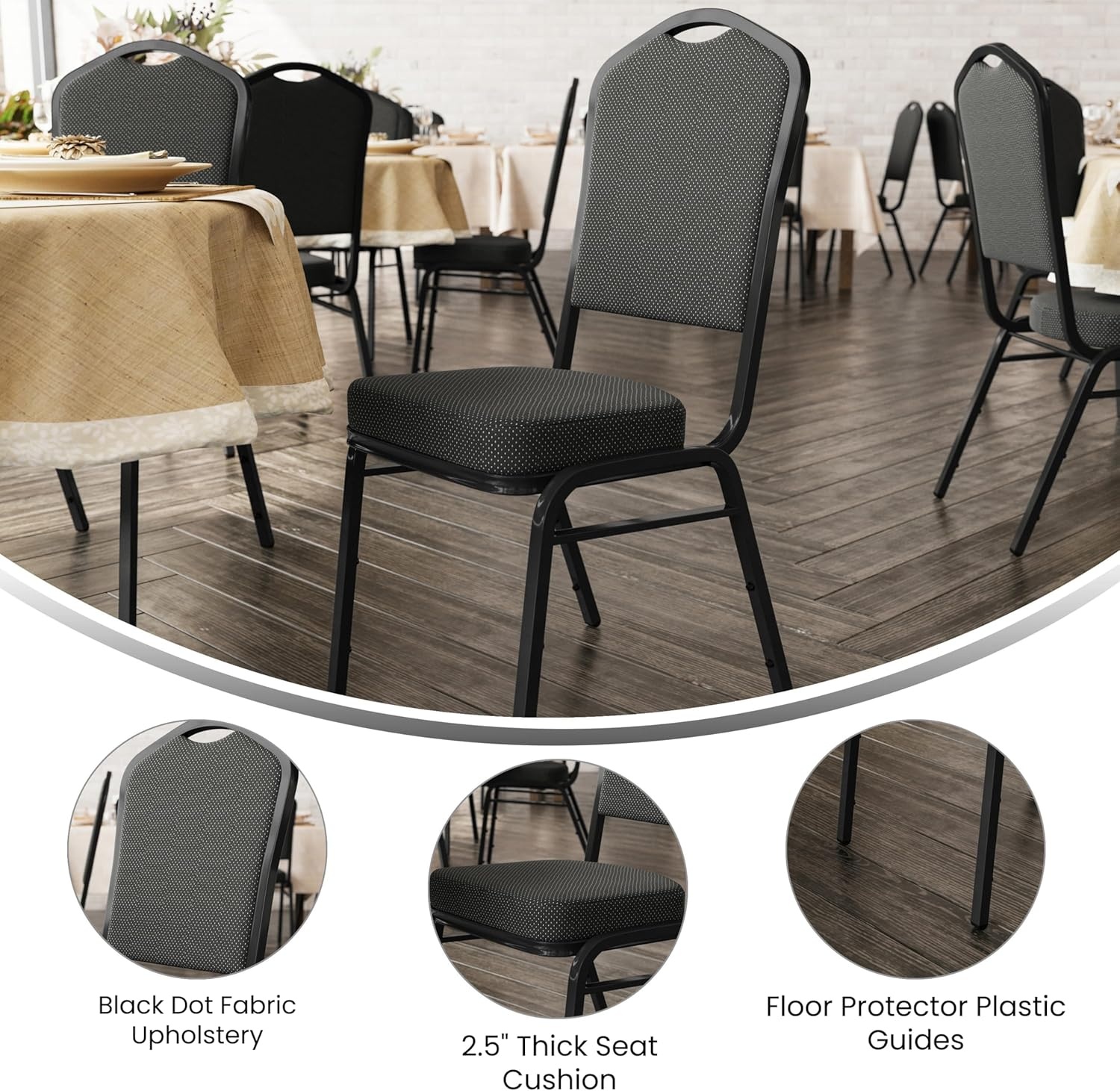 image:imageFlash Furniture HERCULES Series Crown Back Stacking Banquet Chair in Gray Fabric Silver Vein FrameBlack Dot Patterned FabricBlack Frame
