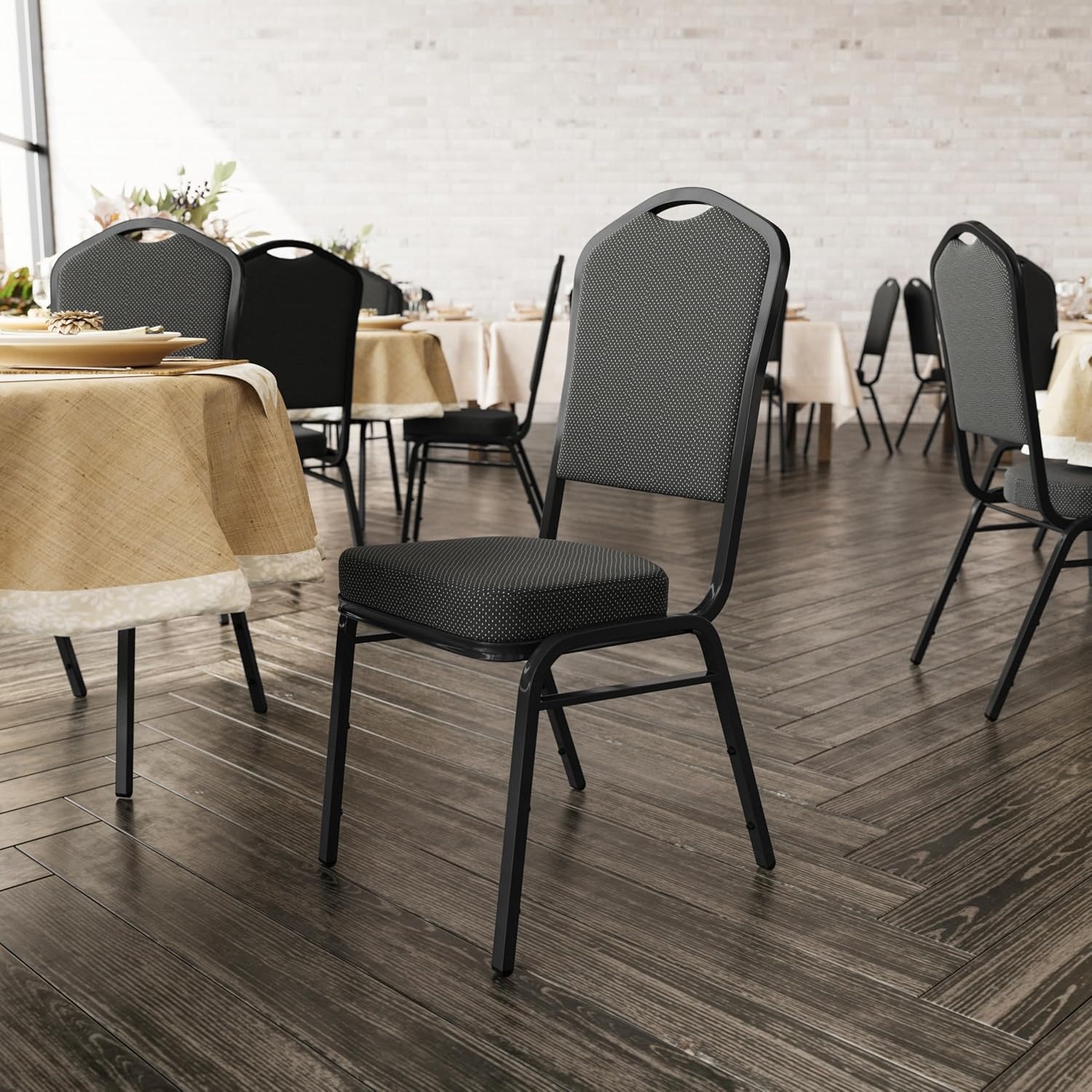 image:imageFlash Furniture HERCULES Series Crown Back Stacking Banquet Chair in Gray Fabric Silver Vein FrameBlack Dot Patterned FabricBlack Frame