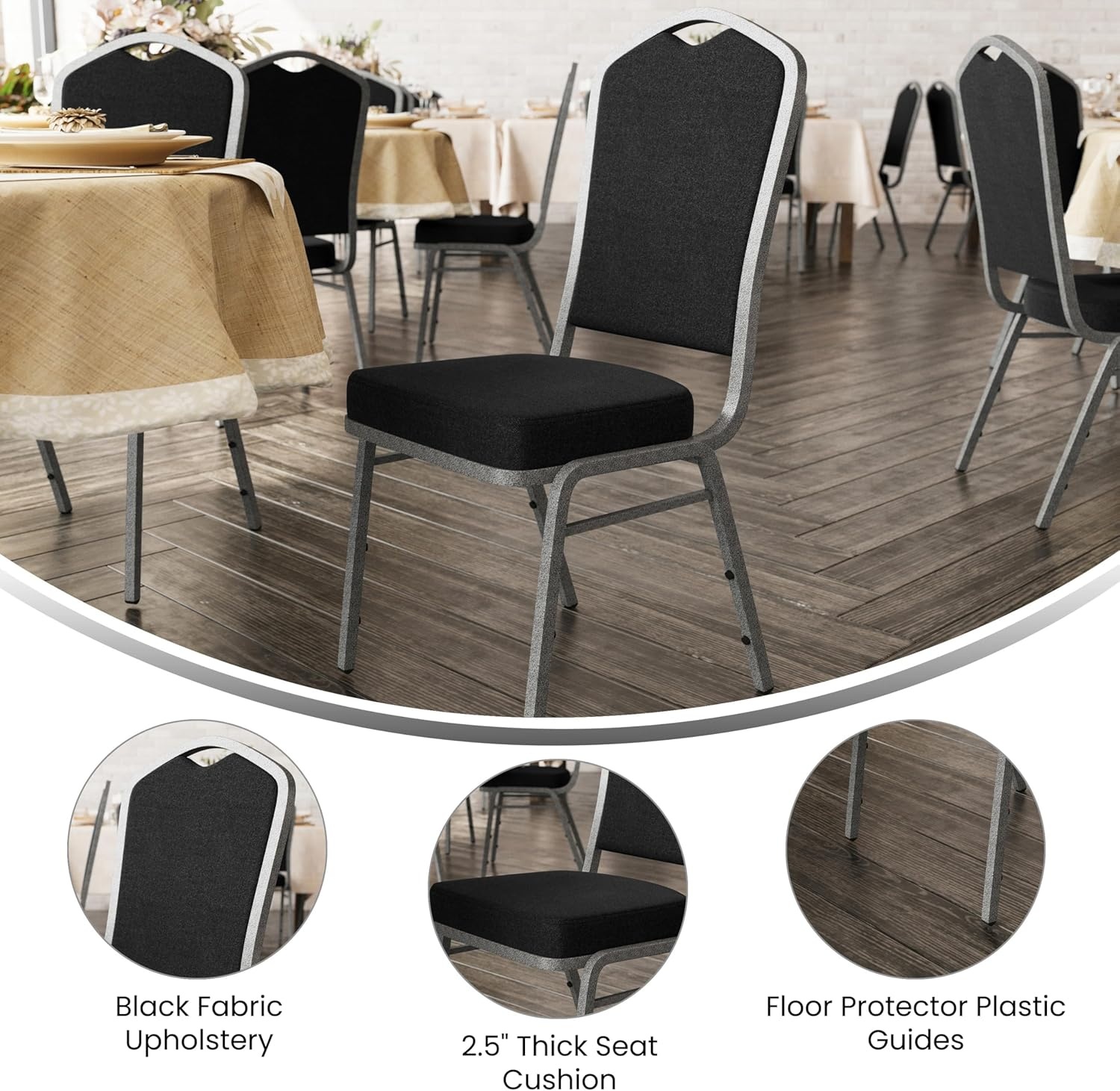 image:imageFlash Furniture HERCULES Series Crown Back Stacking Banquet Chair in Gray Fabric Silver Vein FrameBlack FabricSilver Vein Frame
