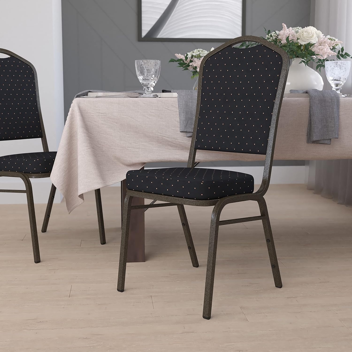 image:imageFlash Furniture HERCULES Series Crown Back Stacking Banquet Chair in Gray Fabric Silver Vein FrameBlack Patterned FabricGold Vein Frame