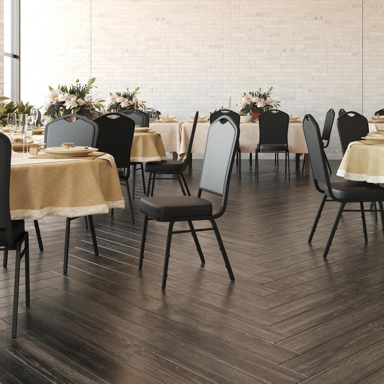 image:imageFlash Furniture HERCULES Series Crown Back Stacking Banquet Chair in Gray Fabric Silver Vein FrameBlack VinylBlack Frame