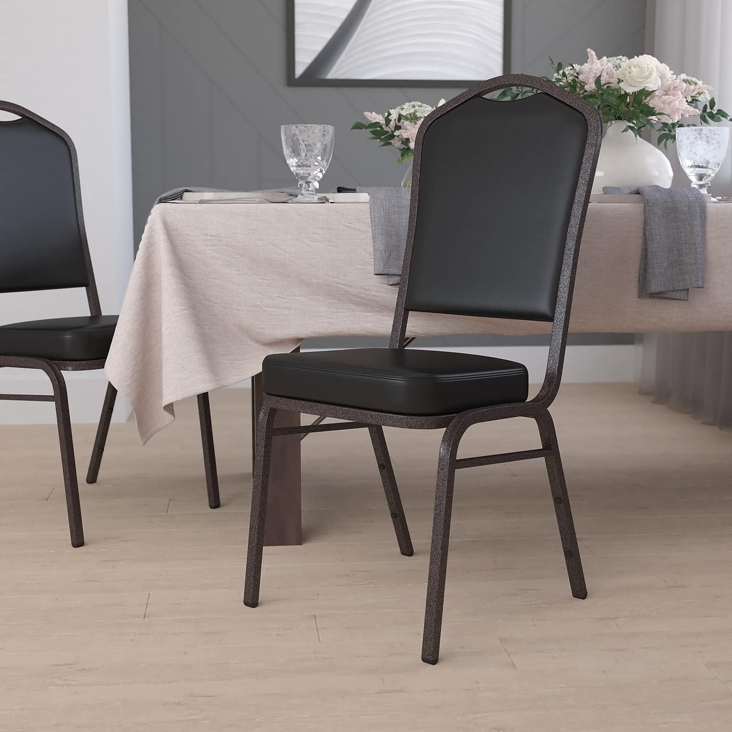 image:imageFlash Furniture HERCULES Series Crown Back Stacking Banquet Chair in Gray Fabric Silver Vein FrameBlack VinylGold Vein Frame