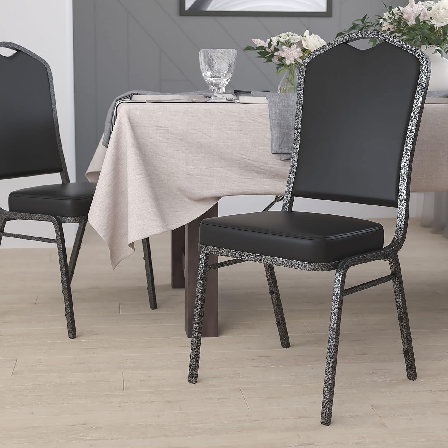 image:imageFlash Furniture HERCULES Series Crown Back Stacking Banquet Chair in Gray Fabric Silver Vein FrameBlack VinylSilver Vein Frame