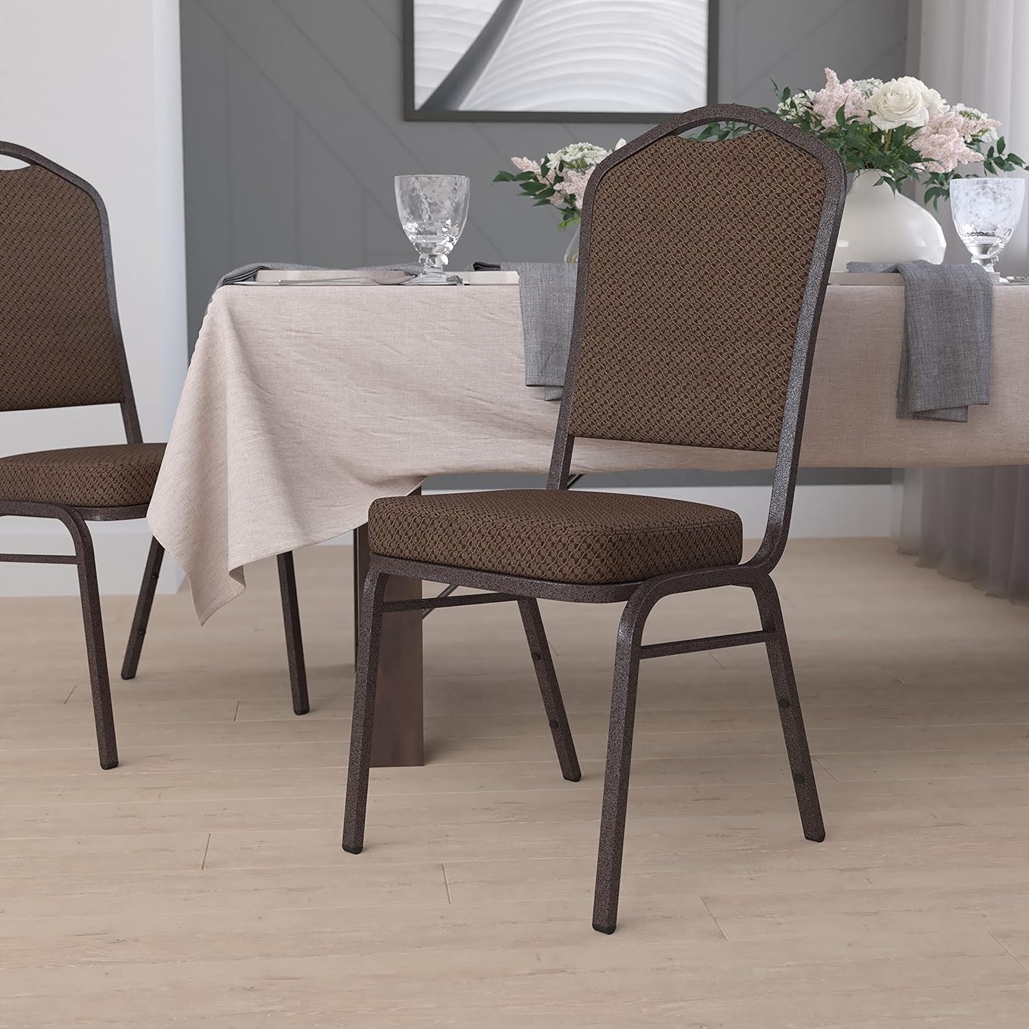 image:imageFlash Furniture HERCULES Series Crown Back Stacking Banquet Chair in Gray Fabric Silver Vein FrameBrown Patterned FabricCopper Vein Frame