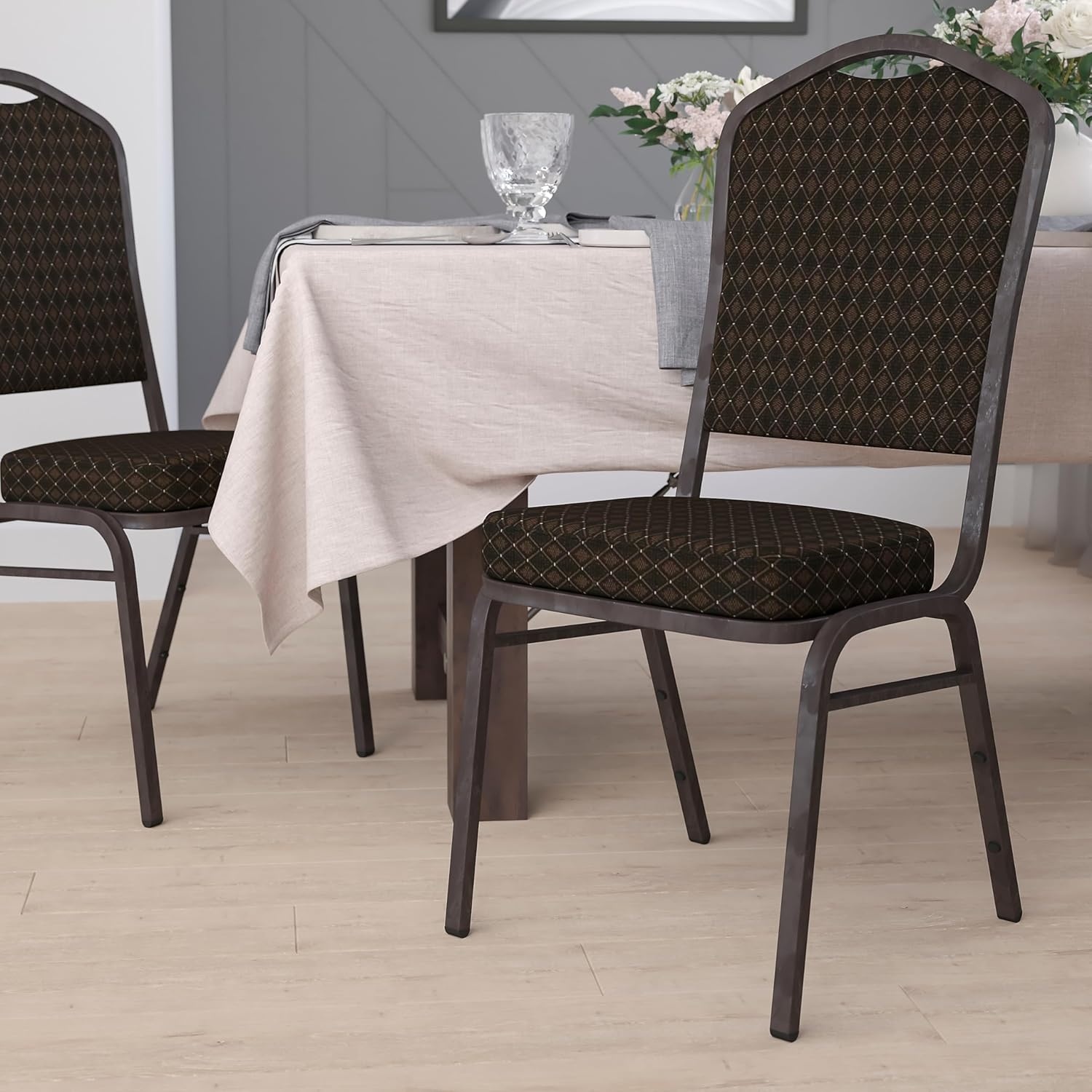image:imageFlash Furniture HERCULES Series Crown Back Stacking Banquet Chair in Gray Fabric Silver Vein FrameBrown Patterned FabricGold Vein Frame