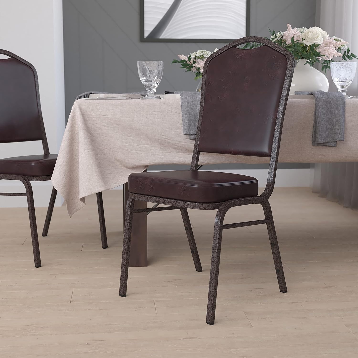 image:imageFlash Furniture HERCULES Series Crown Back Stacking Banquet Chair in Gray Fabric Silver Vein FrameBrown VinylCopper Vein Frame