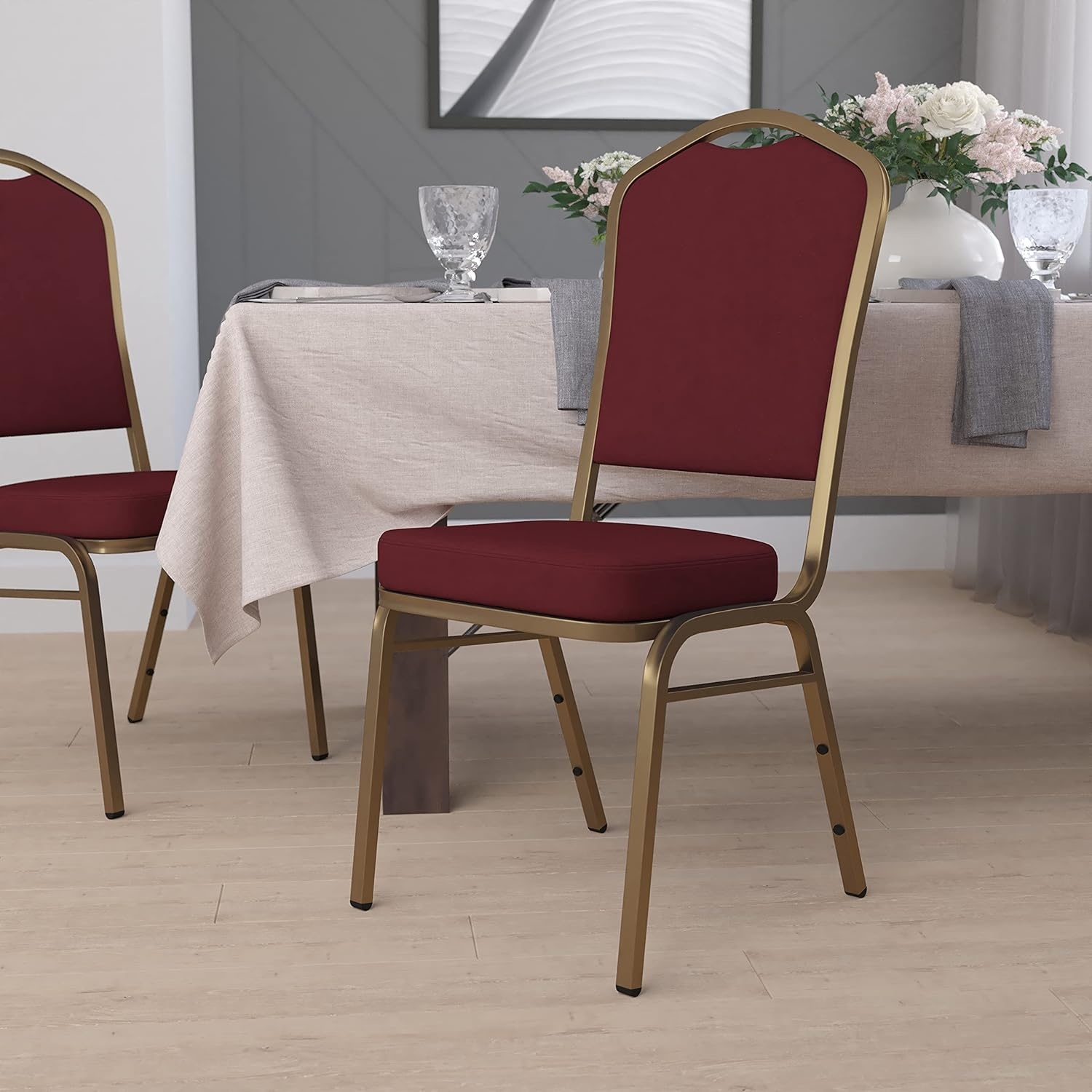 image:imageFlash Furniture HERCULES Series Crown Back Stacking Banquet Chair in Gray Fabric Silver Vein FrameBurgundy FabricGold Frame