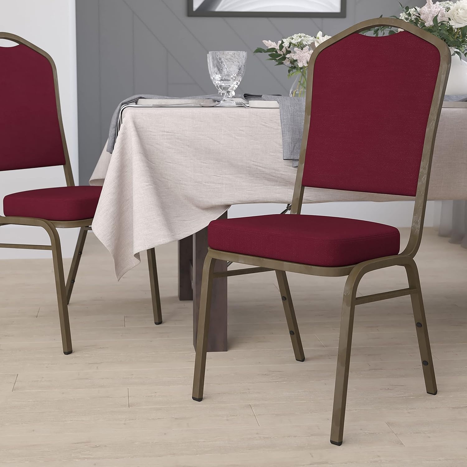 image:imageFlash Furniture HERCULES Series Crown Back Stacking Banquet Chair in Gray Fabric Silver Vein FrameBurgundy FabricGold Vein Frame