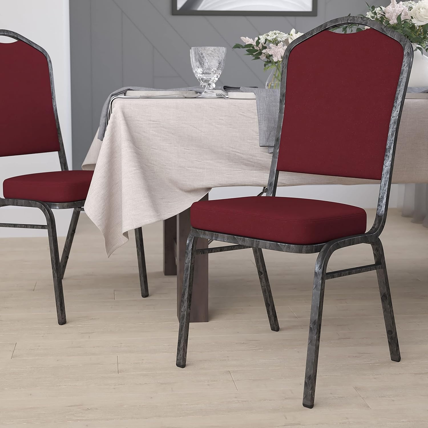 image:imageFlash Furniture HERCULES Series Crown Back Stacking Banquet Chair in Gray Fabric Silver Vein FrameBurgundy FabricSilver Vein Frame