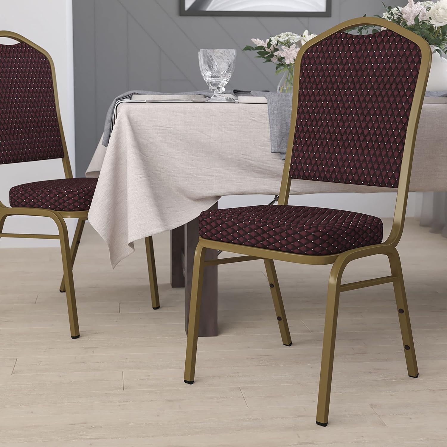 image:imageFlash Furniture HERCULES Series Crown Back Stacking Banquet Chair in Gray Fabric Silver Vein FrameBurgundy Patterned FabricGold Frame