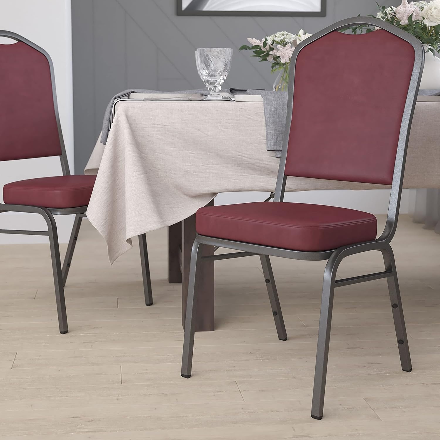 image:imageFlash Furniture HERCULES Series Crown Back Stacking Banquet Chair in Gray Fabric Silver Vein FrameBurgundy VinylSilver Vein Frame