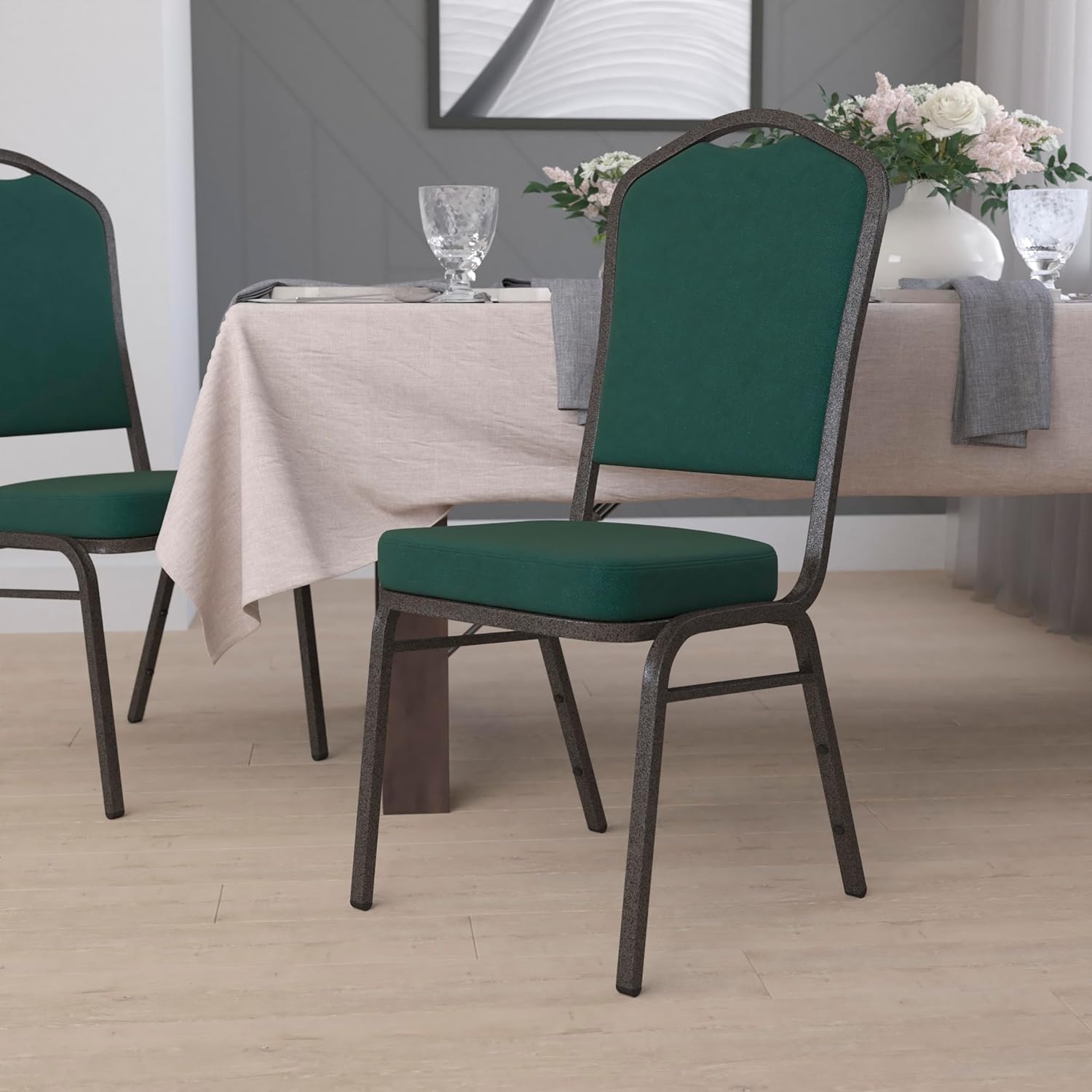 image:imageFlash Furniture HERCULES Series Crown Back Stacking Banquet Chair in Gray Fabric Silver Vein FrameGreen FabricGold Vein Frame