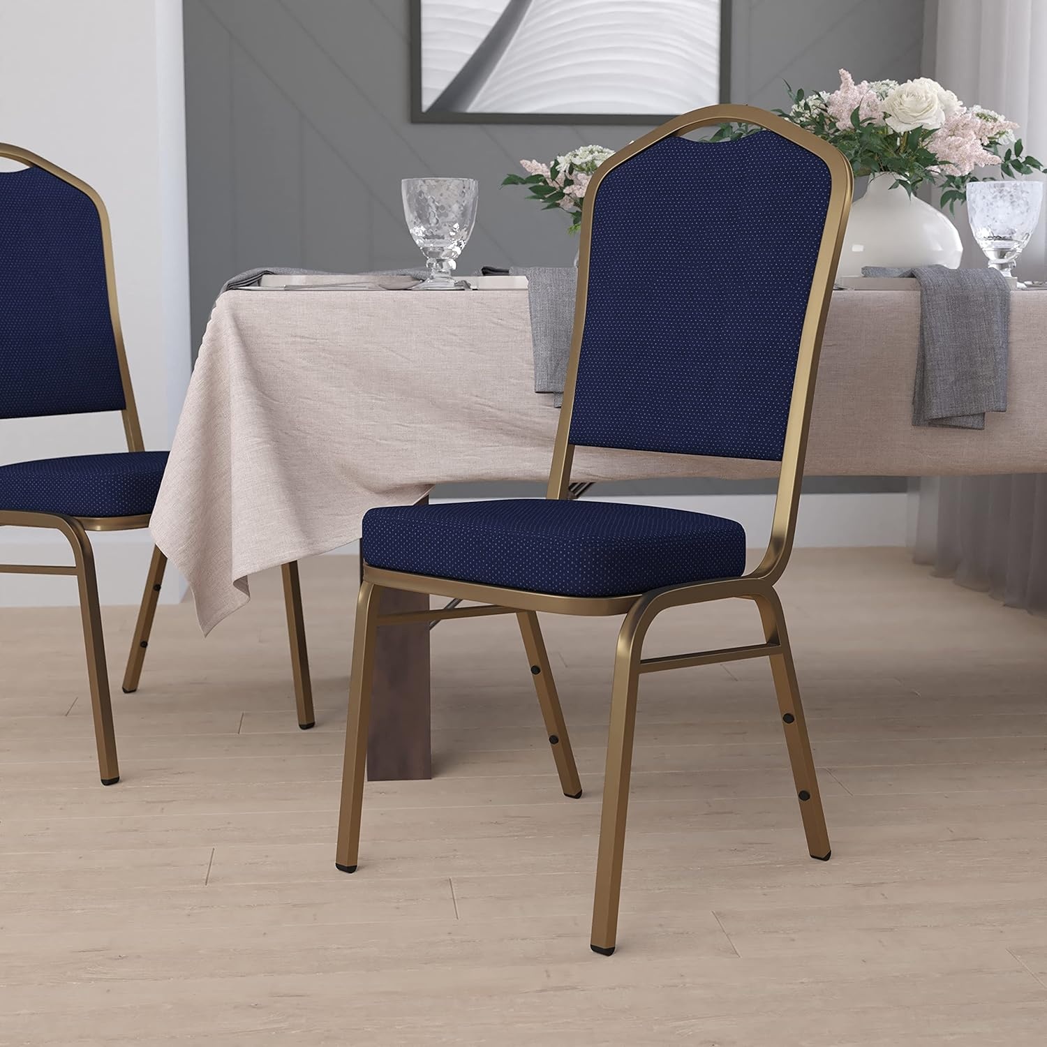 image:imageFlash Furniture HERCULES Series Crown Back Stacking Banquet Chair in Gray Fabric Silver Vein FrameNavy Blue Patterned FabricGold Frame