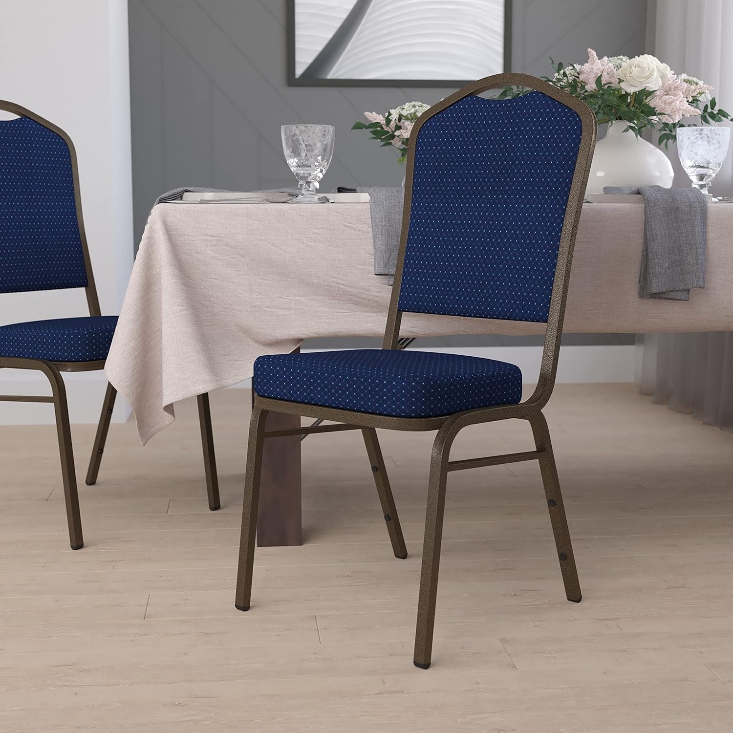 image:imageFlash Furniture HERCULES Series Crown Back Stacking Banquet Chair in Gray Fabric Silver Vein FrameNavy Blue Patterned FabricGold Vein Frame