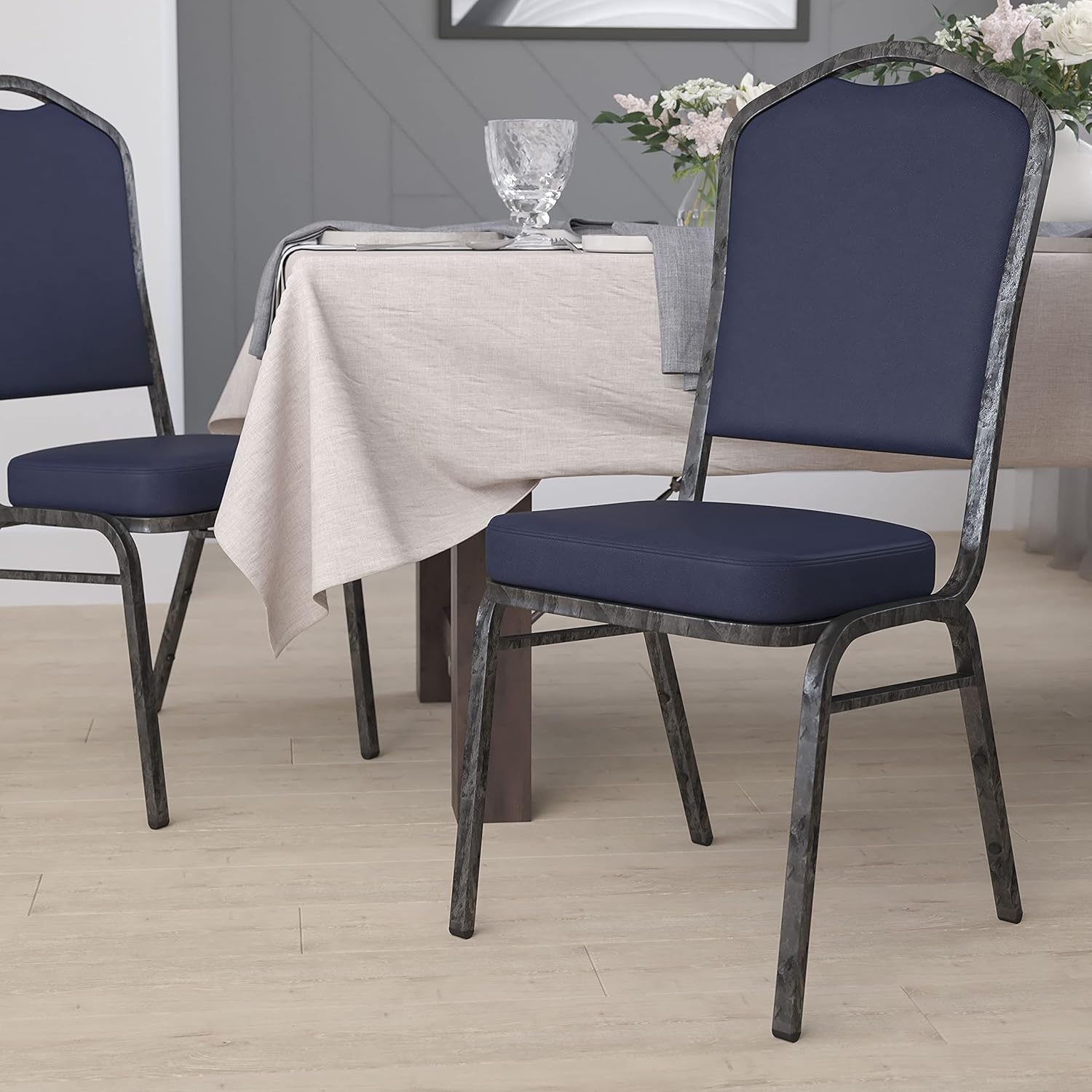 image:imageFlash Furniture HERCULES Series Crown Back Stacking Banquet Chair in Gray Fabric Silver Vein FrameNavy VinylSilver Vein Frame