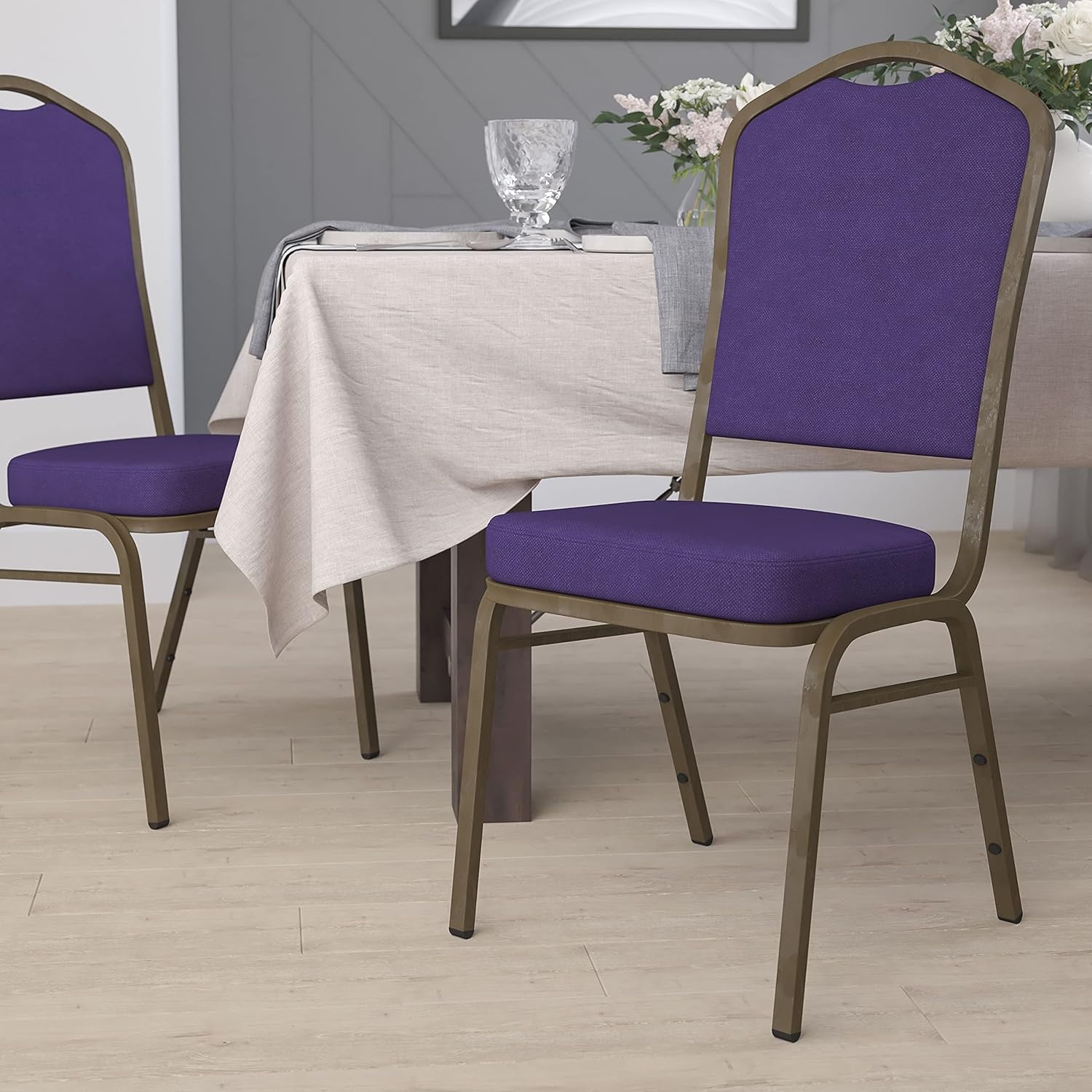 image:imageFlash Furniture HERCULES Series Crown Back Stacking Banquet Chair in Gray Fabric Silver Vein FramePurple FabricGold Vein Frame