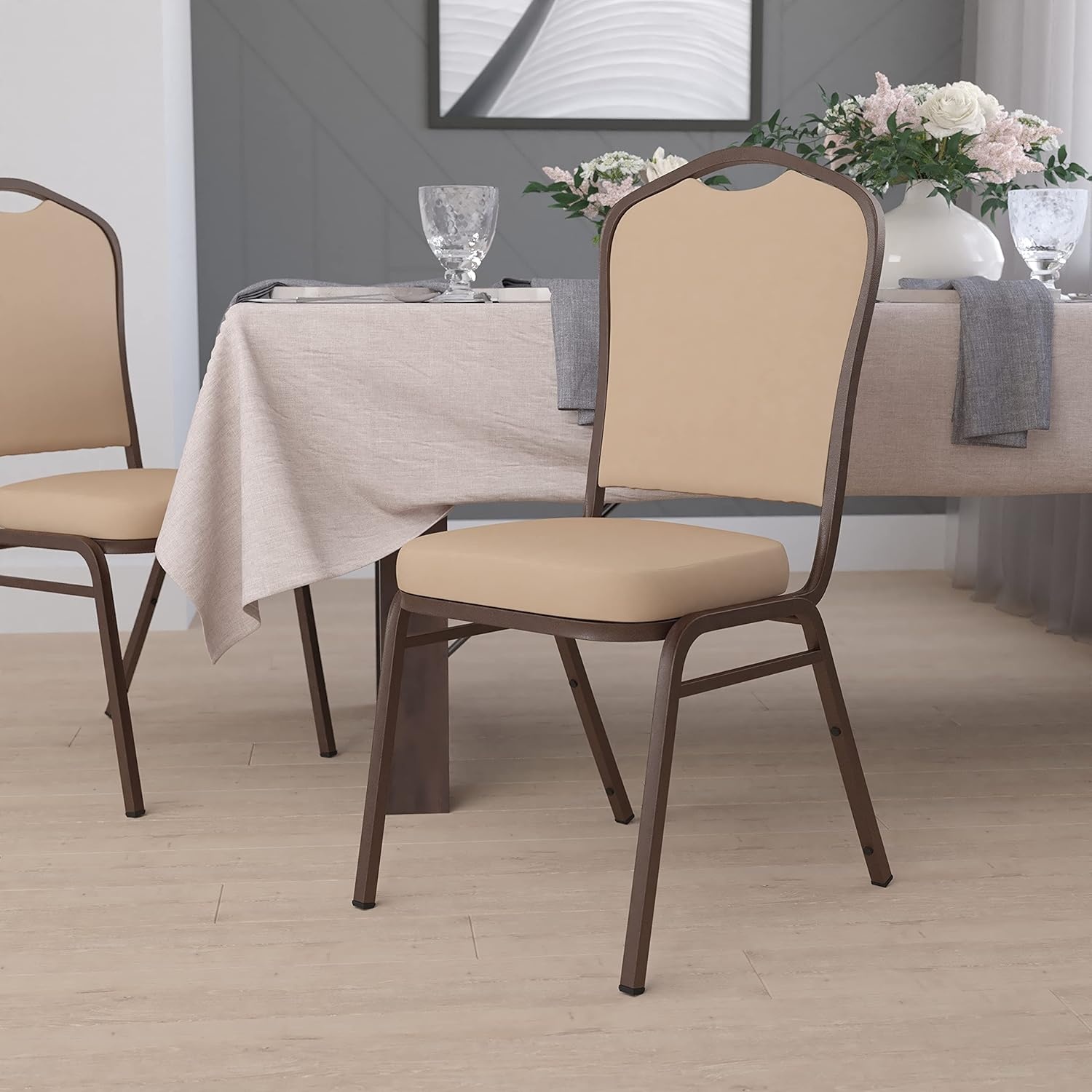 image:imageFlash Furniture HERCULES Series Crown Back Stacking Banquet Chair in Gray Fabric Silver Vein FrameTan VinylCopper Vein Frame