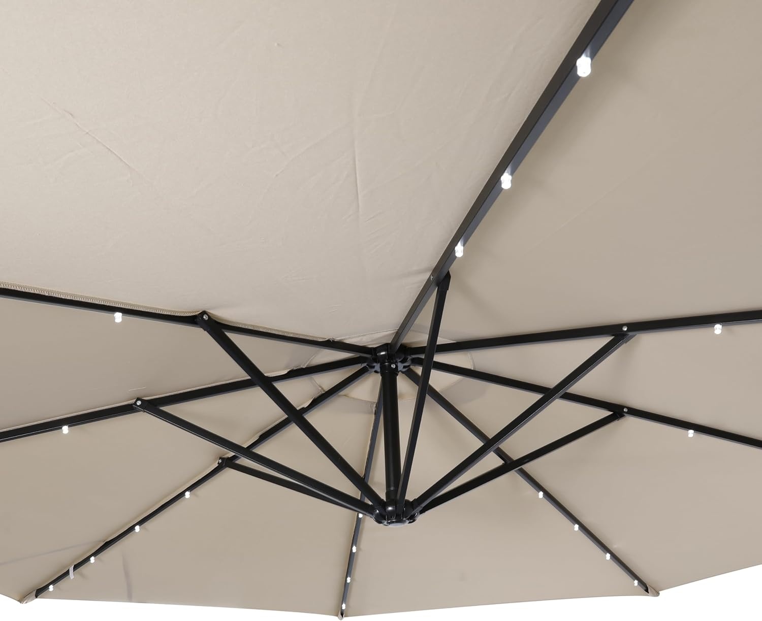 image:imageFlash Furniture Sedona Round Solar Cantilever Umbrella Commercial Grade with Built in Cross Base Crank and Tilt 32 LED Lights 6 Hour Run Time 10 FT GrayTan