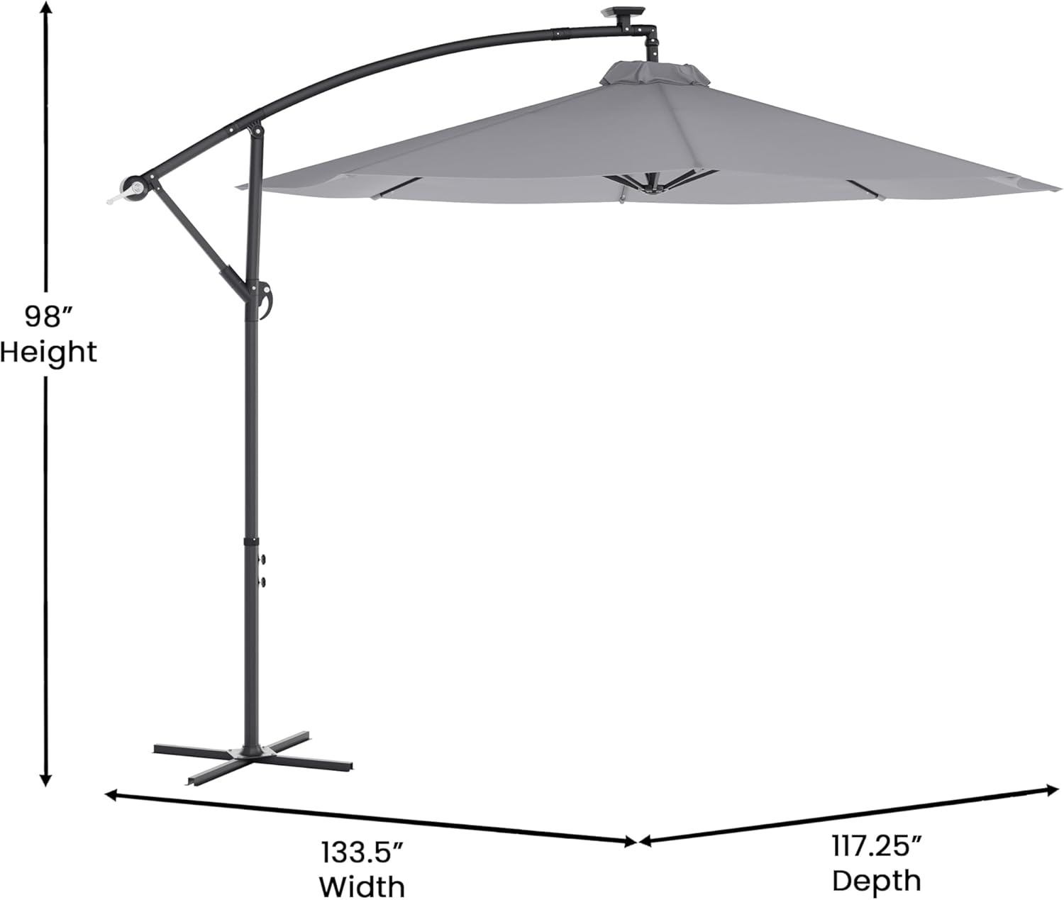 image:imageFlash Furniture Sedona Round Solar Cantilever Umbrella Commercial Grade with Built in Cross Base Crank and Tilt 32 LED Lights 6 Hour Run Time 10 FT GrayGrey