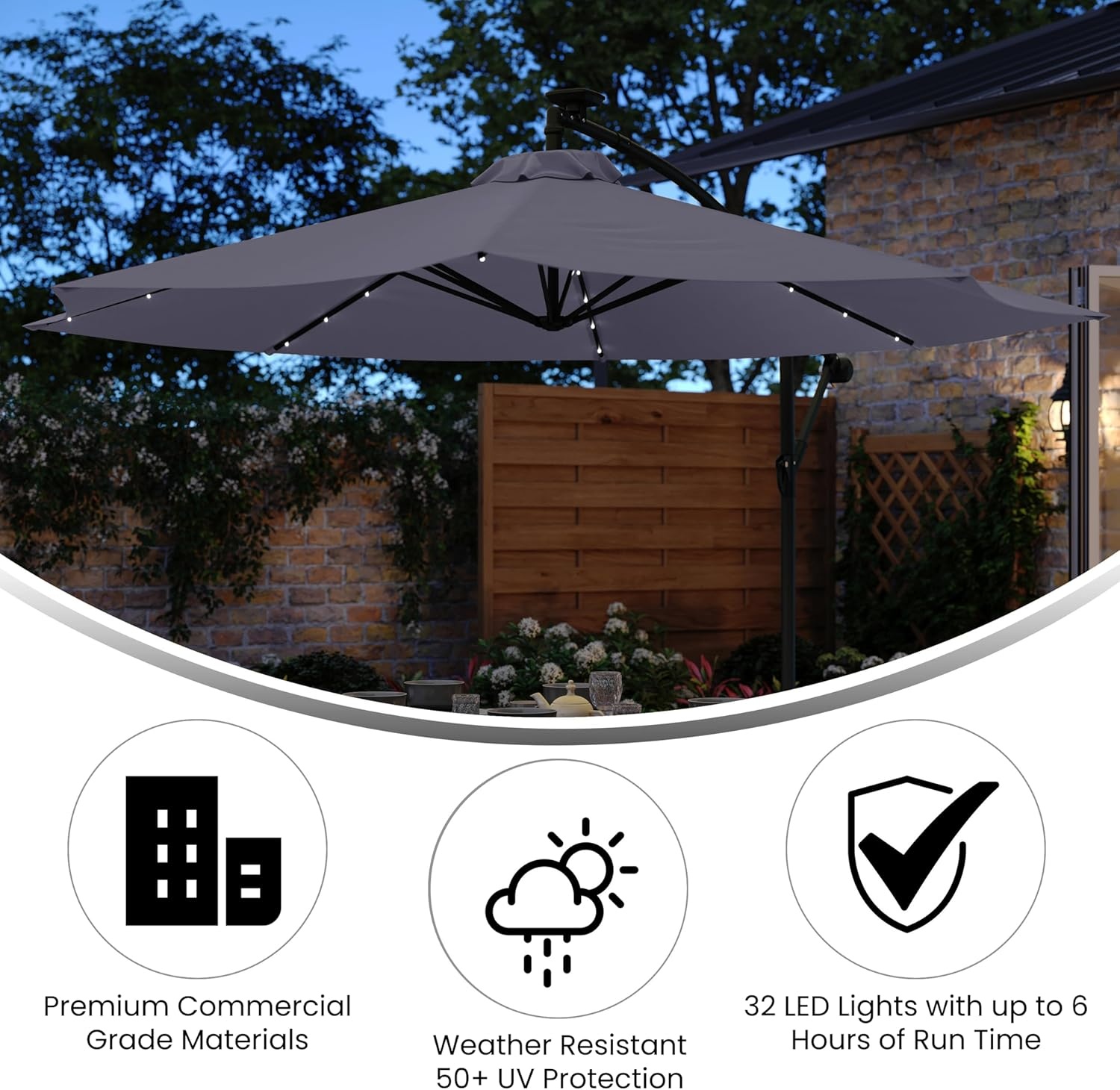image:imageFlash Furniture Sedona Round Solar Cantilever Umbrella Commercial Grade with Built in Cross Base Crank and Tilt 32 LED Lights 6 Hour Run Time 10 FT GrayGrey
