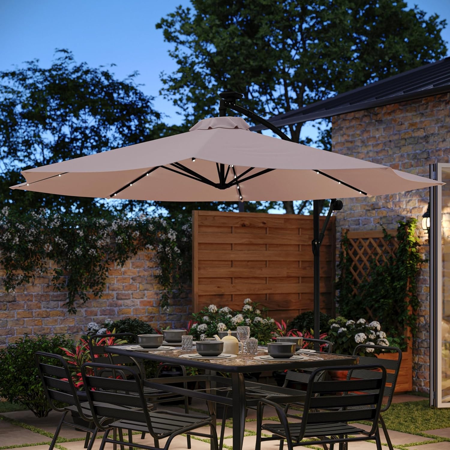 image:imageFlash Furniture Sedona Round Solar Cantilever Umbrella Commercial Grade with Built in Cross Base Crank and Tilt 32 LED Lights 6 Hour Run Time 10 FT GrayTan
